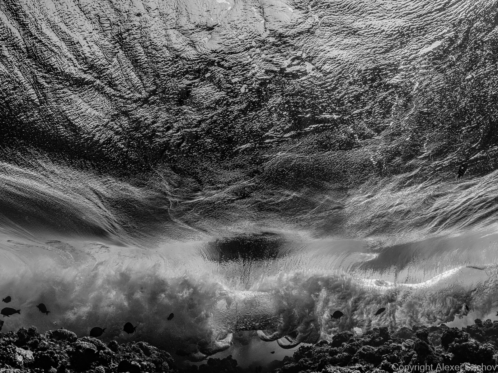 Underwater waves artwork — &ldquo;Meatgrinder&rdquo; by Alexej Sachov, from Inside the Wave series.