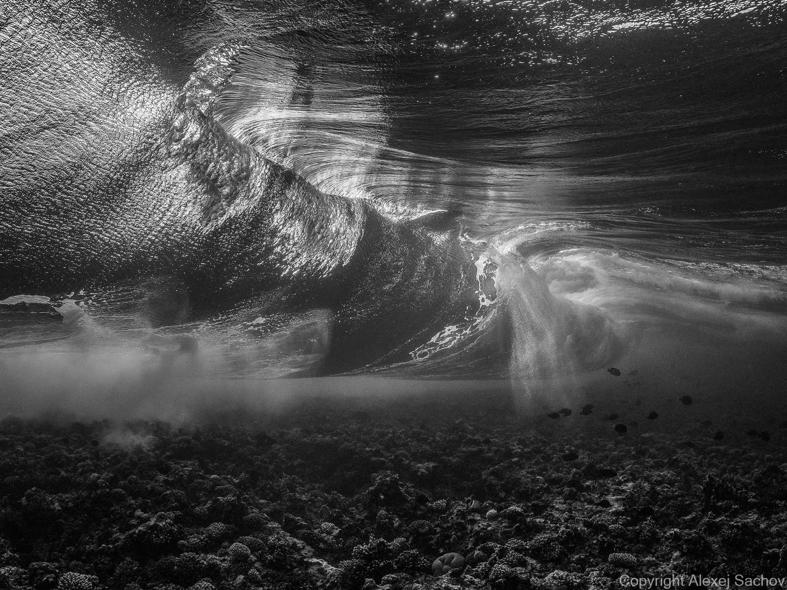 Underwater waves artwork — &ldquo;Waterfall&rdquo; by Alexej Sachov, from Inside the Wave series.